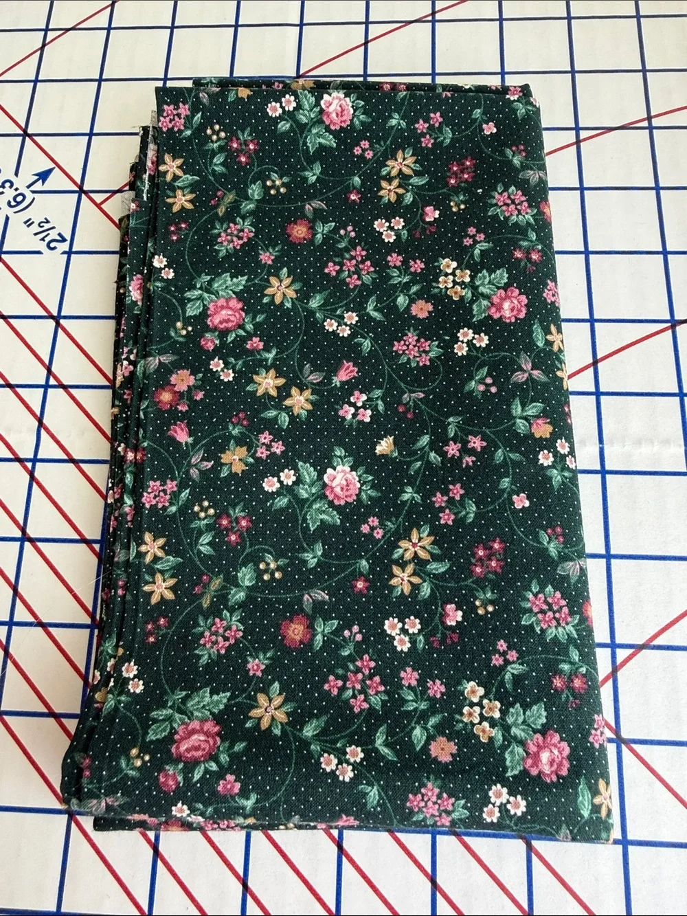 Vintage Dark Forest Green Floral Cotton Fabric Remnant 2/3 + Yard x 42 Cottage